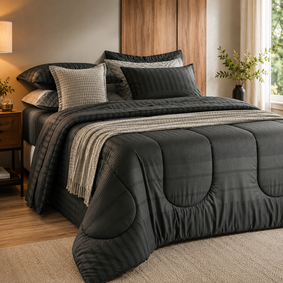 Jogo de cama de casal na cor grafite com acabamento listrado, almofadas decorativas, manta bege e quarto moderno com móveis em madeira e iluminação aconchegante.