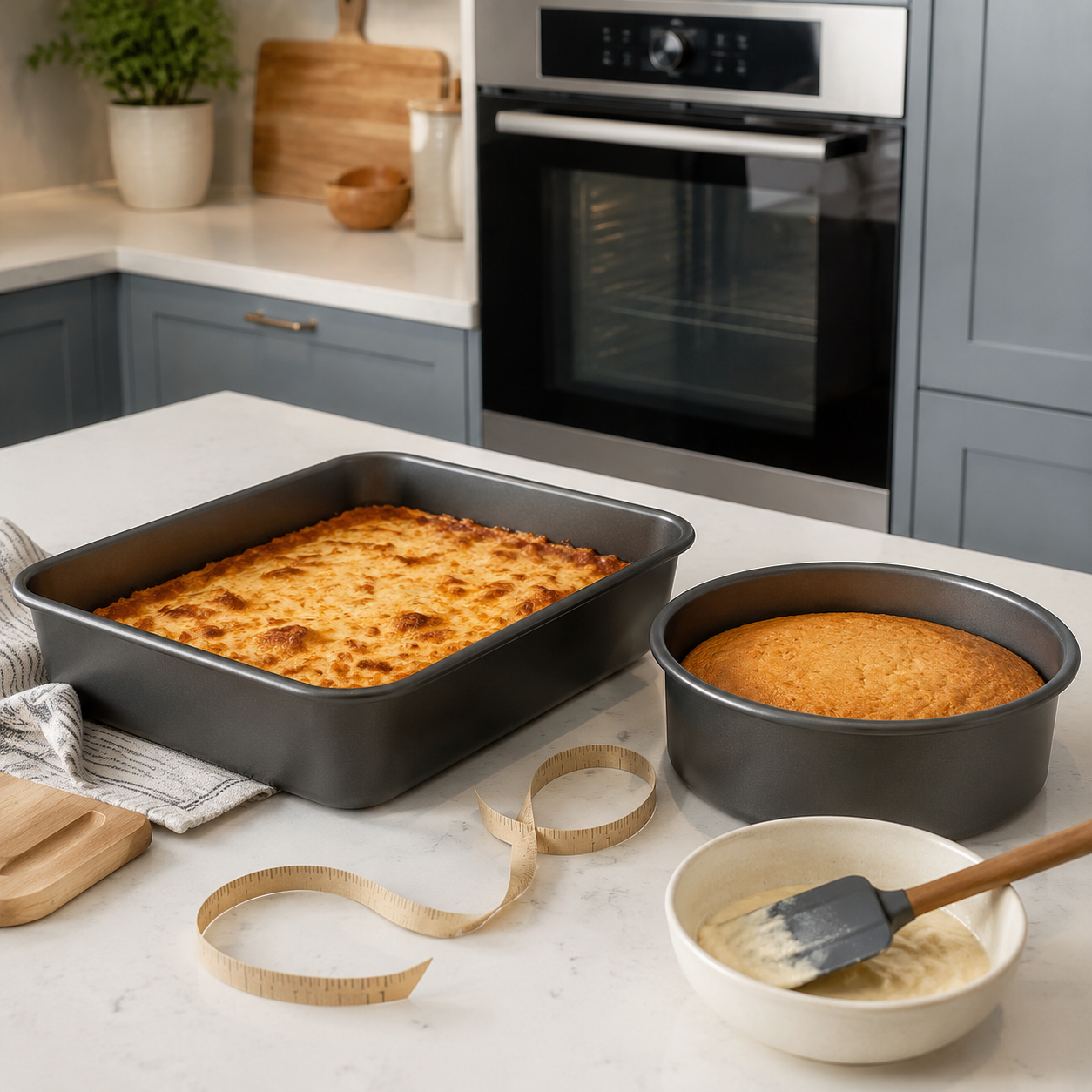 Formas retangular e redonda com receitas assadas, próximas ao forno em cozinha moderna.