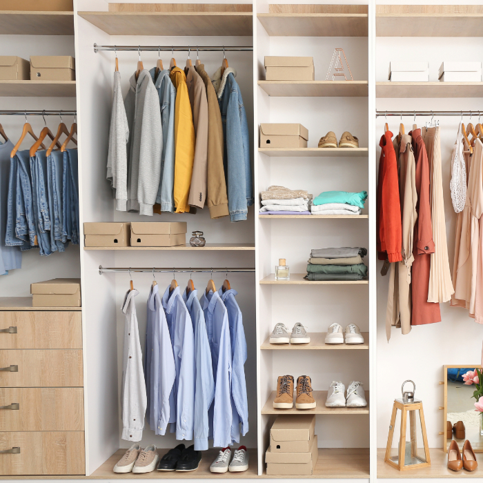 Closet moderno e organizado com roupas dobradas e penduradas, caixas organizadoras e sapatos dispostos em prateleiras.