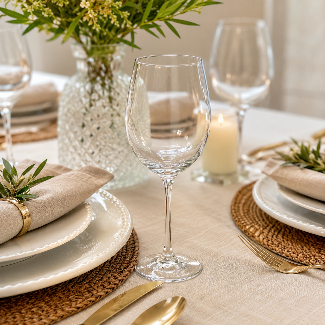 Taça de cristal para vinho posicionada em uma mesa posta sofisticada com pratos, sousplats, guardanapos de tecido e elementos decorativos em tons neutros.