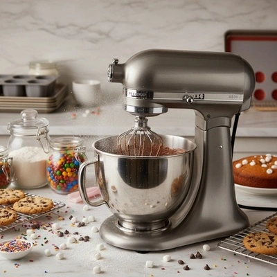 Batedeira planetária com tigela de inox em bancada de cozinha, perfeita para preparar massas de bolo, pães, biscoitos e confeitaria.