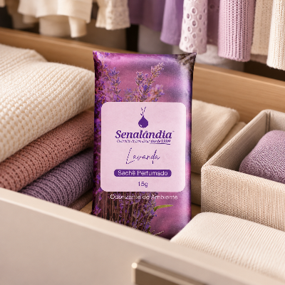 Sachê perfumado de lavanda em gaveta de guarda-roupa com roupas dobradas em tons claros e lilás.
