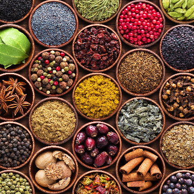 Temperos e especiarias variados em recipientes, incluindo pimentas, ervas, sementes e especiarias em pó.