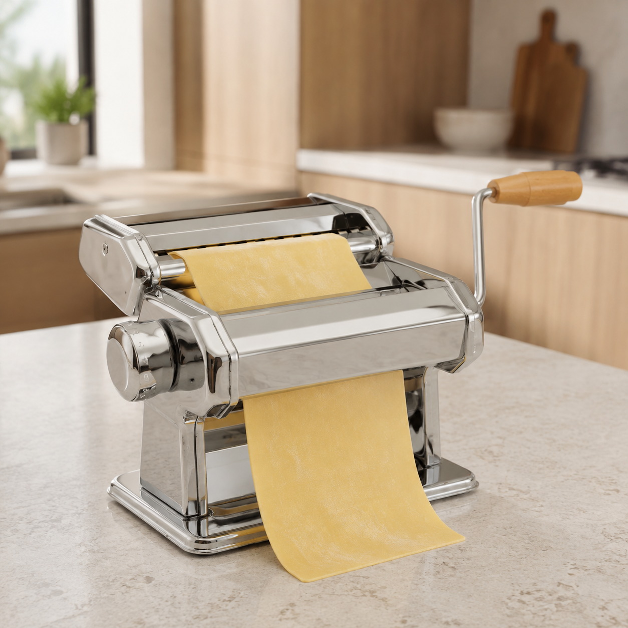 Máquina de macarrão manual em aço inox abrindo uma folha de massa fresca em cozinha moderna.