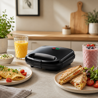 Sanduicheira elétrica fechada sobre bancada de cozinha moderna, cercada por omelete, sanduíches, sucos e bebidas, ideal para preparar lanches rápidos.