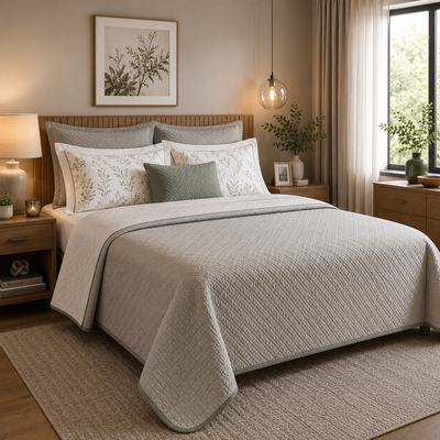 Jogo de cama queen cinza com colcha matelassada, almofadas coordenadas e decoração moderna em tons neutros, em quarto iluminado e elegante.