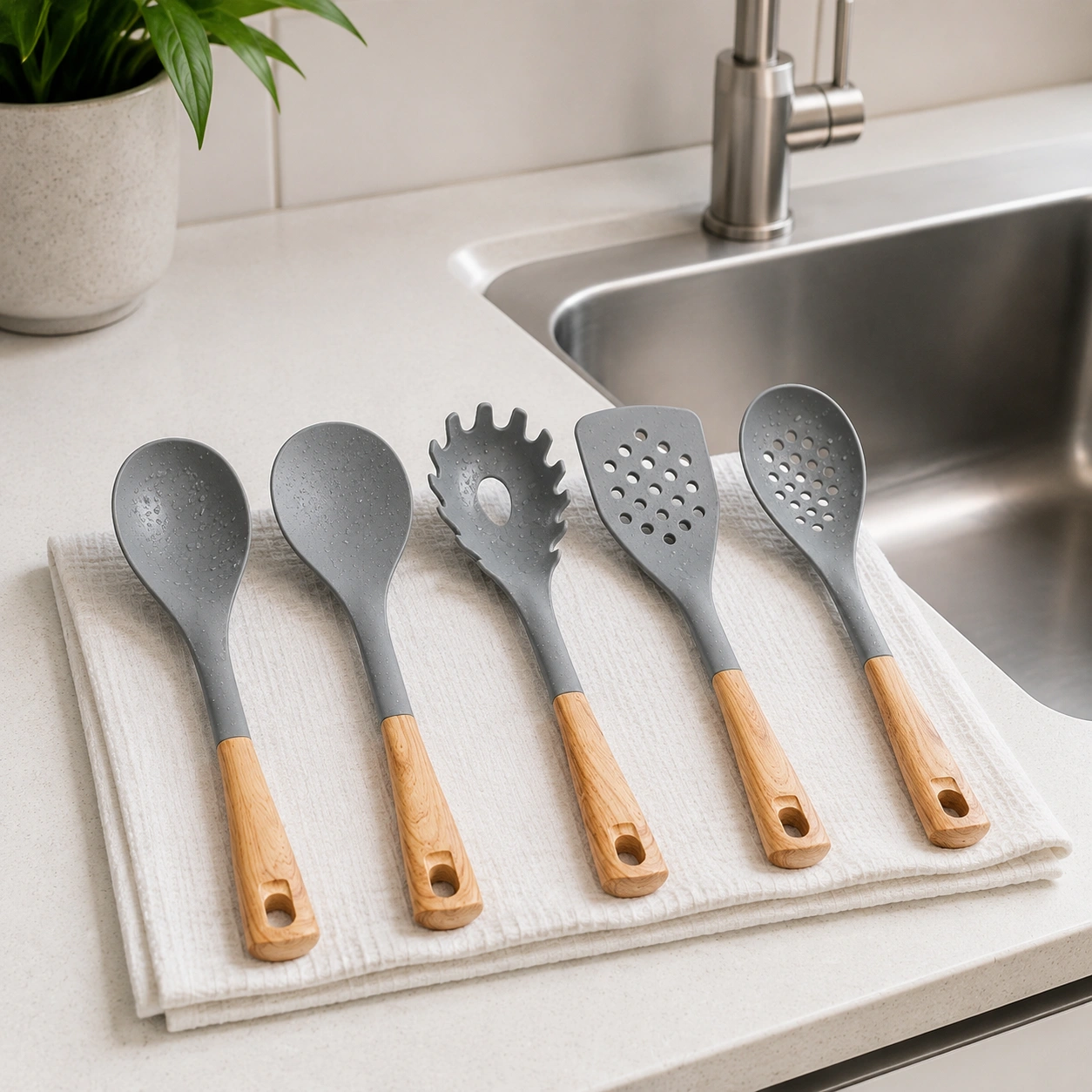 Jogo de utensílios de silicone lavado e secando ao lado da pia.