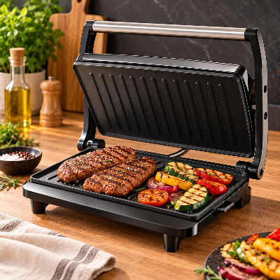 Grill elétrico preto com alça de inox, aberto com carnes e legumes grelhados, sobre bancada de madeira em cozinha com parede escura.