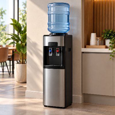 Bebedouro de água de coluna preto e inox com galão, instalado em ambiente moderno e iluminado.