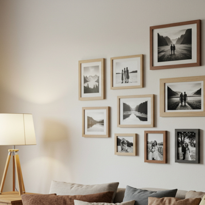 Parede decorada com quadros de fotos em preto e branco acima de um sofá com almofadas em tons neutros, ao lado de um abajur de tripé
