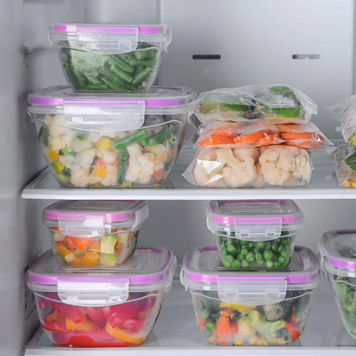 Vegetais variados armazenados em potes e sacos no freezer, prontos para uso.