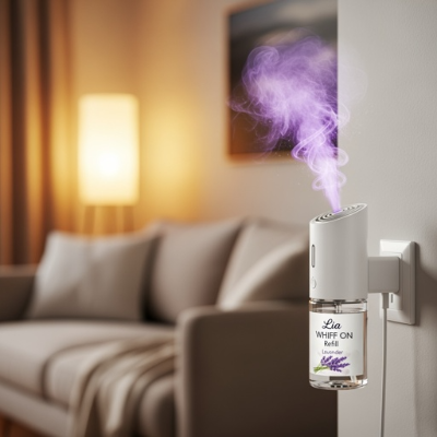 Difusor de ambiente elétrico conectado à tomada, liberando fragrância em uma sala de estar.