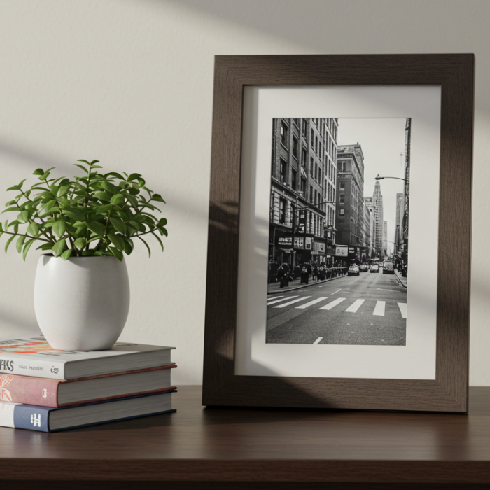 Mesa de madeira com livros empilhados, vaso com planta e quadro com foto em preto e branco de rua urbana com prédios altos