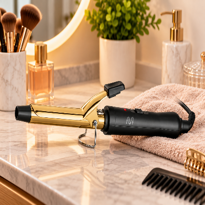 Modelador de cachos dourado com cabo preto e suporte metálico, sobre bancada de mármore em ambiente de beleza com espelho iluminado.