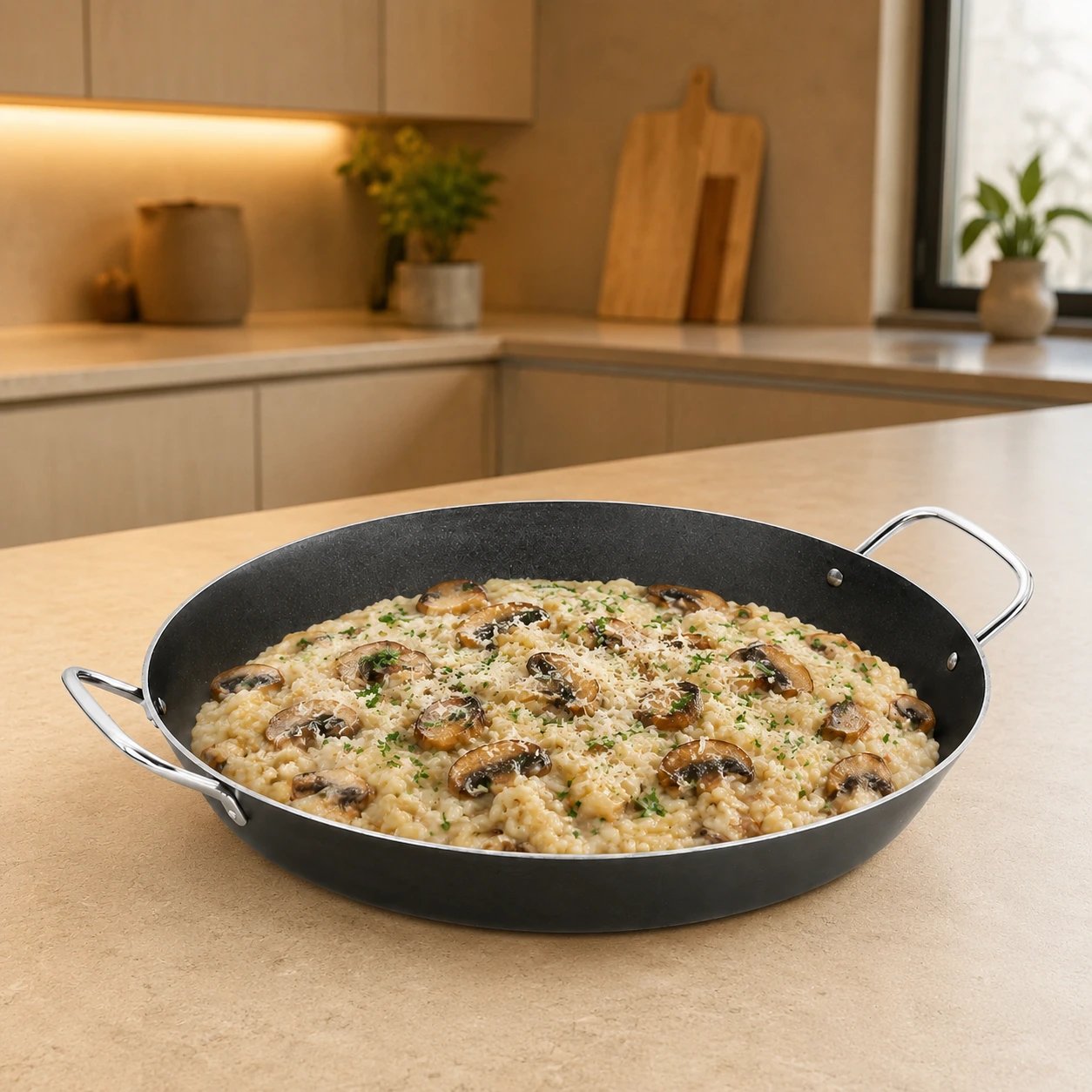 Paellera preta com risoto cremoso de cogumelos em cozinha moderna.