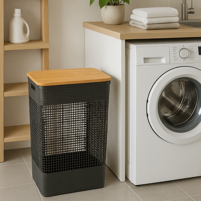 cesto para roupa suja preto com tampa de bambu ao lado de máquina de lavar em lavanderia moderna