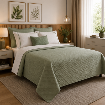 Jogo de cama queen verde em tom sálvia com colcha matelassada, travesseiros brancos e decoração contemporânea em quarto sofisticado e acolhedor.