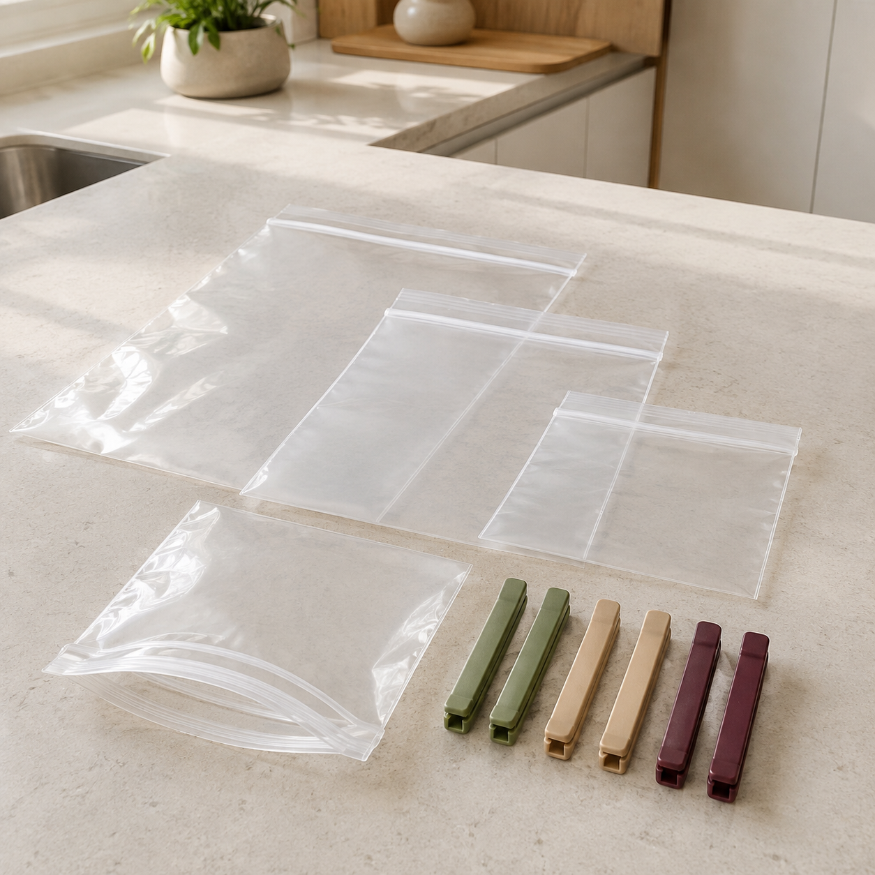Sacos plásticos com fechamento zip vazios e clips coloridos organizados sobre bancada de cozinha.