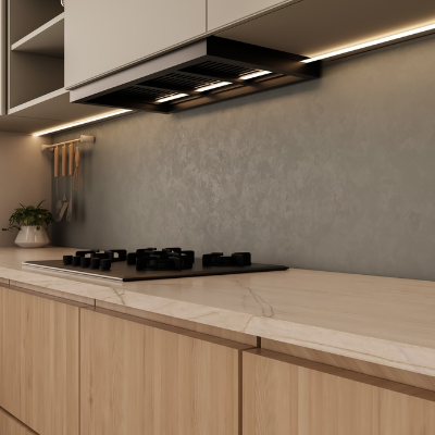 Depurador de parede preto instalado sob armário de cozinha, posicionado sobre cooktop em bancada.