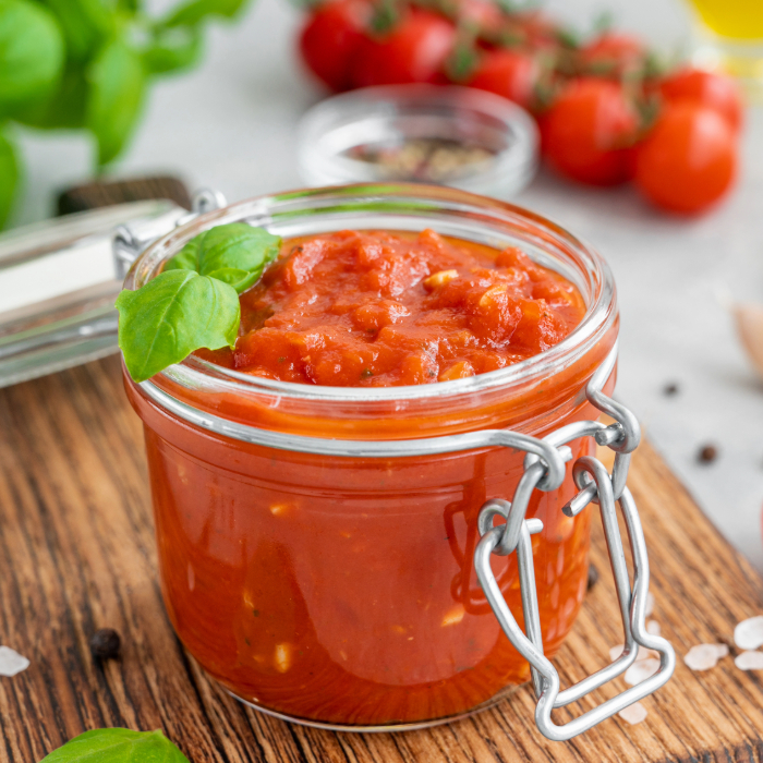 Pote de vidro hermético com molho de tomate caseiro, decorado com folhas de manjericão fresco, sobre tábua de madeira. Ao fundo, tomates frescos e temperos desfocados.