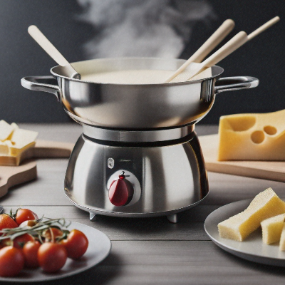 Fondue elétrico com panela de inox e controle de temperatura, preparado com queijo e acompanhado de tomates e pedaços de queijo.