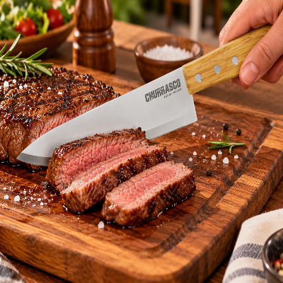 Faca de churrasco com lâmina de aço inox e cabo de madeira, utilizada para cortar carne grelhada sobre tábua de madeira, acompanhada de temperos e ervas.