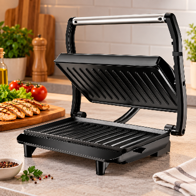 Grill elétrico preto aberto, com chapas antiaderentes vazias, sobre bancada de pedra em cozinha moderna e iluminada.