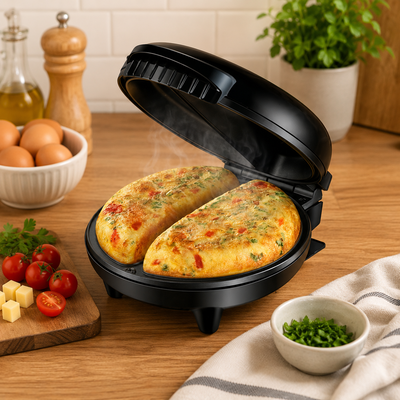 Omeleteira elétrica aberta com duas omeletes douradas e fumegantes sobre bancada de cozinha, cercada por ovos, tomates, queijo e temperos frescos.