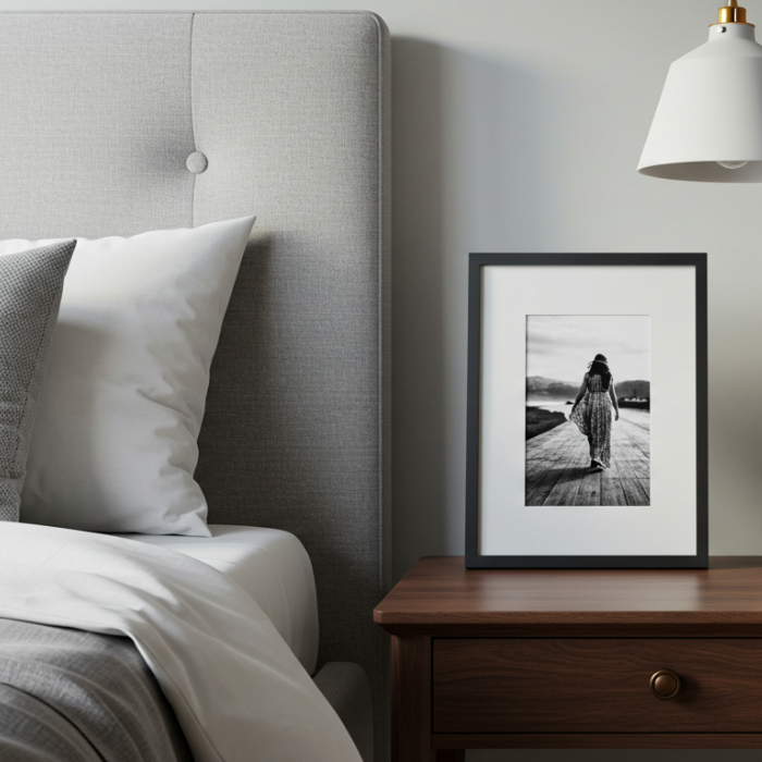Quarto com cabeceira cinza e mesa de cabeceira, decorado com quadro de foto em preto e branco e luminária branca suspensa