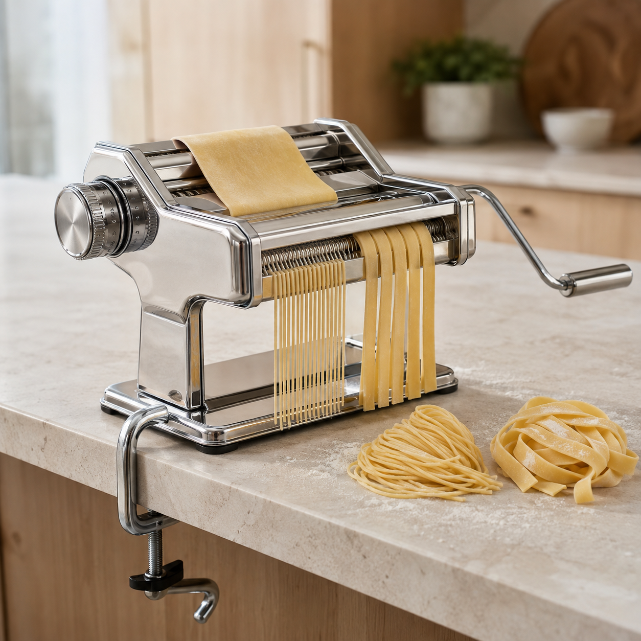 Máquina de macarrão em aço inox com regulador de espessura e cortes para massas finas e largas.