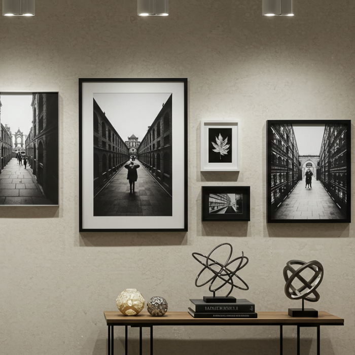 Parede decorada com quadros em preto e branco de cenas urbanas e uma folha, acima de aparador com esculturas modernas e livros
