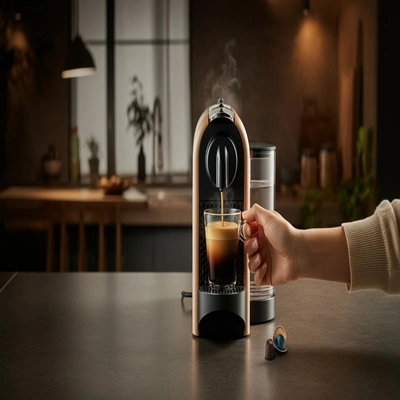 Cafeteira preparando café quente servido em uma xícara, destacando a praticidade e a experiência de um café fresco em um ambiente aconchegante.