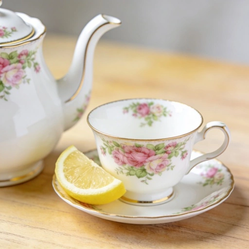 Xícara de porcelana com estampa floral e detalhes dourados ao lado de bule de porcelana e fatia de limão, ideal para servir chá com elegância.