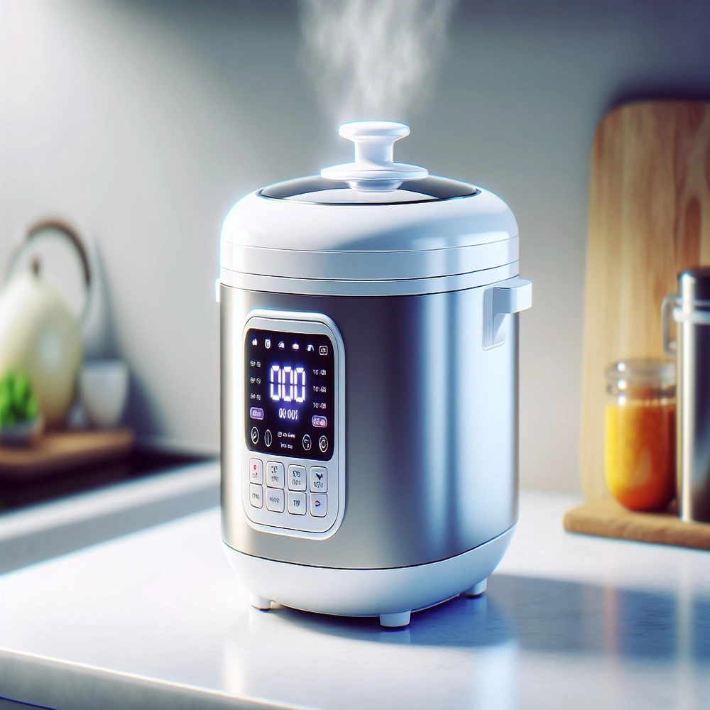 Panela de arroz elétrica moderna liberando vapor durante o cozimento, posicionada sobre bancada clara em cozinha contemporânea, evidenciando seu funcionamento e praticidade.