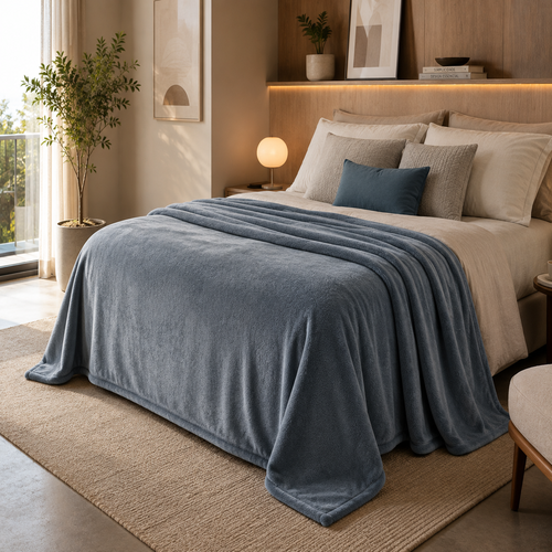 Manta e cobertor casal azul sobre cama arrumada em quarto moderno e aconchegante.