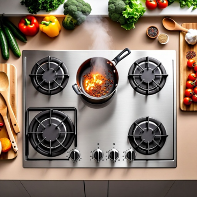 Cooktop a gás com cinco bocas e acabamento em inox, utilizado no preparo de alimentos em cozinha.
