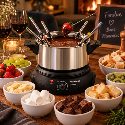 Fondue elétrico com panela de inox e chocolate derretido, acompanhado de morangos, bananas, uvas, marshmallows, bolos e outros alimentos para fondue.