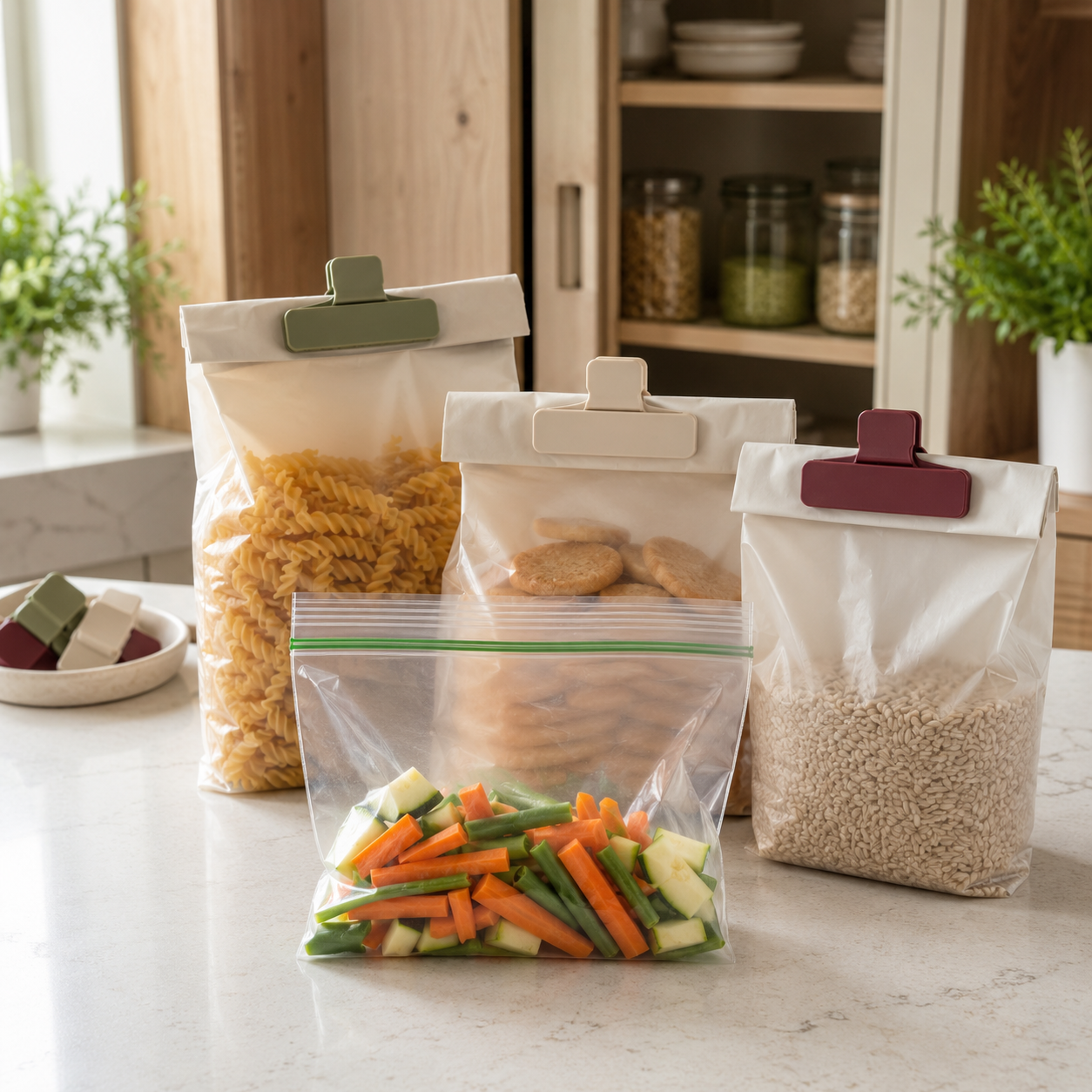 Saco plástico com fechamento zip para legumes e embalagens de alimentos fechadas com clips em cozinha moderna.