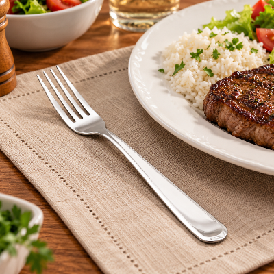 Garfo de mesa em aço inox com quatro dentes e acabamento polido, posicionado sobre guardanapo bege ao lado de prato com arroz, carne grelhada e salada.