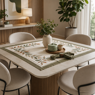 Toalha de chá clara com estampa floral e borda verde sobre mesa moderna, decorada com vaso e bandeja de madeira.
