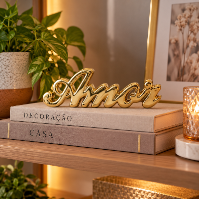Adorno decorativo dourado com a palavra Amor, posicionado sobre livros em uma estante com decoração aconchegante.