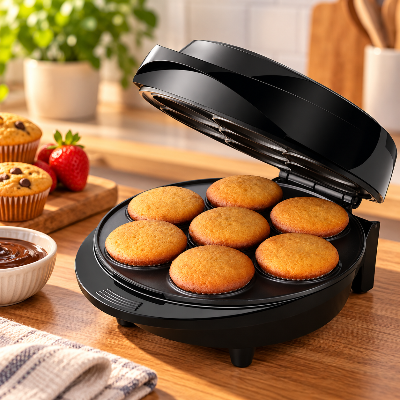 Máquina elétrica de cupcake preta aberta, com sete bolinhos dourados, sobre bancada de madeira, acompanhada de morangos e chocolate.