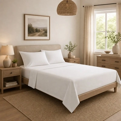 Jogo de cama de solteiro branco com lençol, fronhas e sobrelençol em quarto minimalista com móveis de madeira clara, tapete bege e decoração aconchegante.