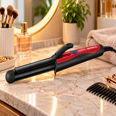 Modelador de cachos Mondial vermelho e preto, sobre bancada de mármore com perfumes, escova e acessórios para cabelo.