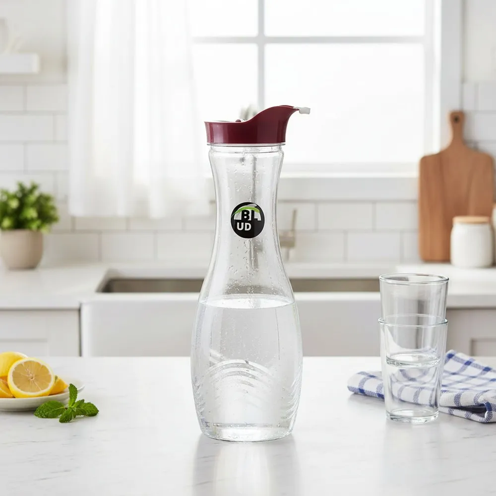 Garrafa de vidro transparente com tampa vinho e bico dosador, contendo água sobre bancada branca de cozinha, acompanhada de copos, limões e folhas de hortelã.