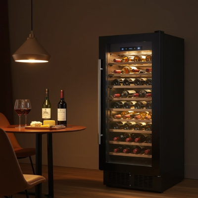 Adega climatizada vertical com porta de vidro e várias garrafas de vinho, posicionada em ambiente elegante próximo a uma mesa.