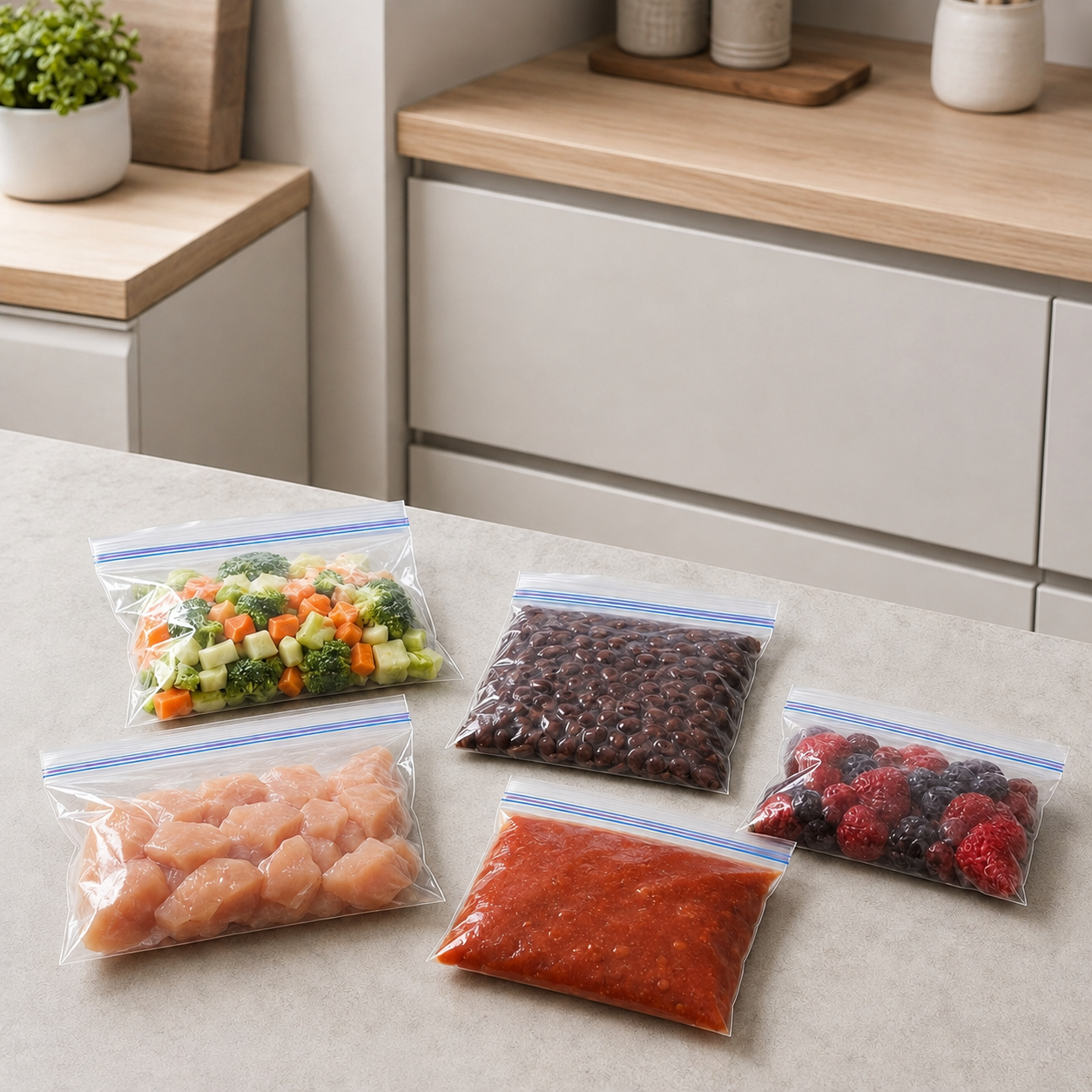 Porções individuais de legumes, feijão, frango, molho e frutas armazenadas em sacos plásticos com zip.