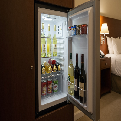 Frigobar compacto com porta aberta, bebidas e garrafas organizadas nas prateleiras em quarto.