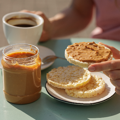 Biscoitos de arroz servidos com pasta de amendoim, acompanhados de café em uma composição para lanche.