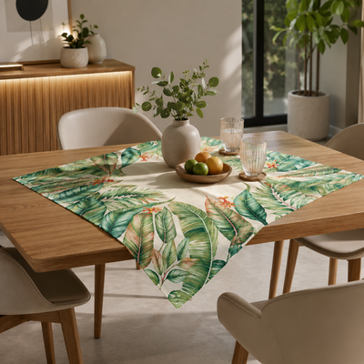Toalha de chá com estampa tropical verde sobre mesa de madeira, decorada com vaso, frutas e copos.